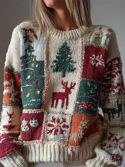 Comstylish Vintage Christmas Elements Colorblock Patchwork Cozy Knit Sweater