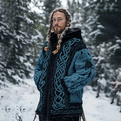 Men's Viking Tribal Jacquard Celtic Chunky Knit Zipper Hooded Cardigan elevenforest