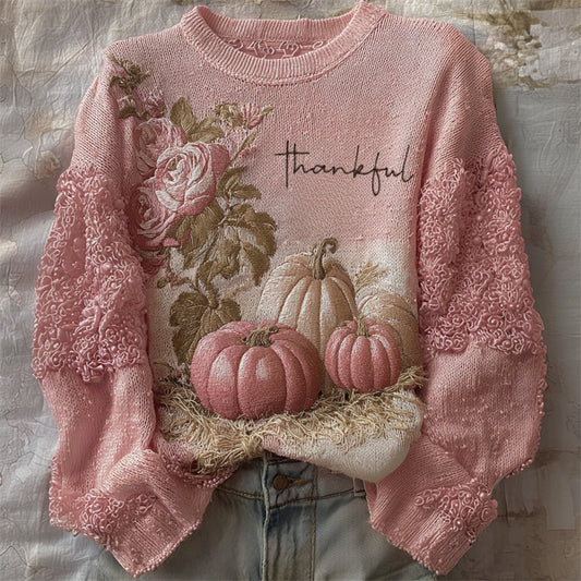 Thankful Thanksgiving Pink Pumpkins Floral Lace Patchwork Cozy Knit Sweater artswardrobe