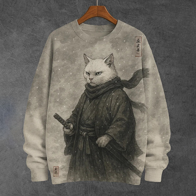 Men's Snowflakes Cat Samurai Art Print Casual Sweatshirt elevenforest