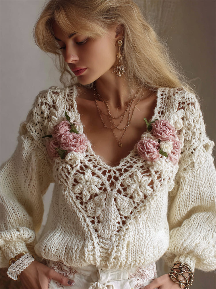 Vintage Cottagecore Pink Floral Lace Crochet Cozy Sweater artswardrobe