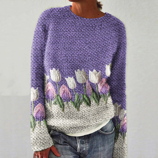Floral Art Print Knitted Crew Neck Pullover Cozy Sweater elevenforest