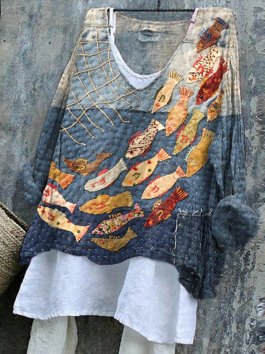 Women's Vintage Patchwork Fish Pattern Linen Blend Shirt artswardrobe