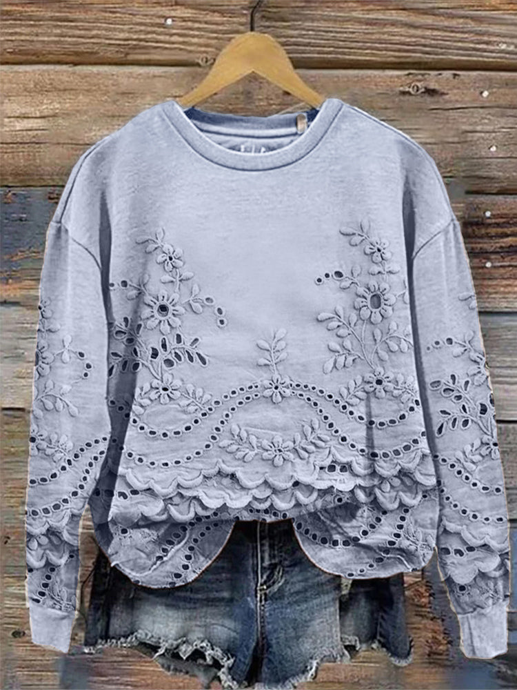 Comstylish Vintage Floral Embroidered Lace Comfy Sweatshirt