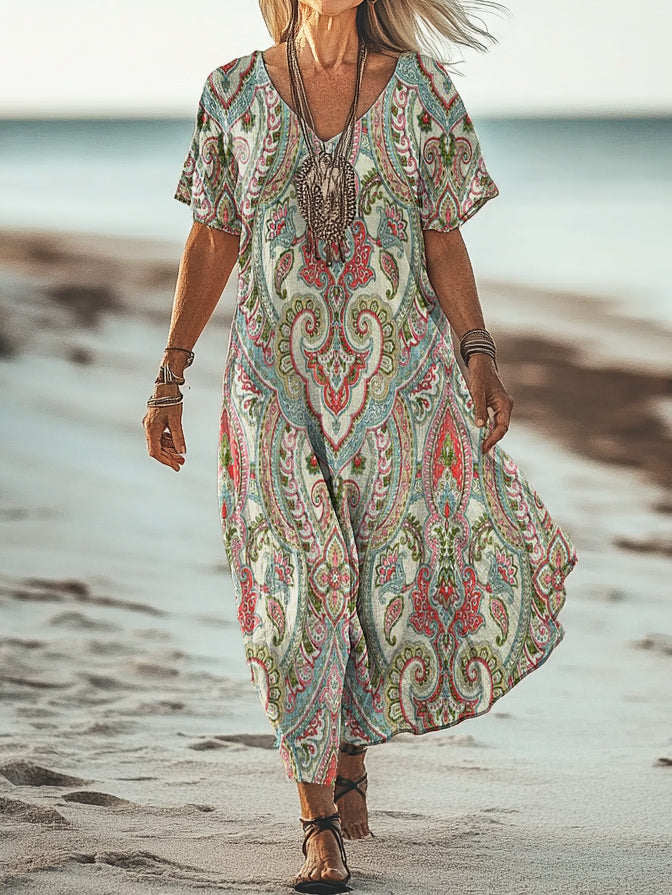 Women's Retro Ethnic Totem Print V-Neck Short Sleeve Cotton Pocket Dre