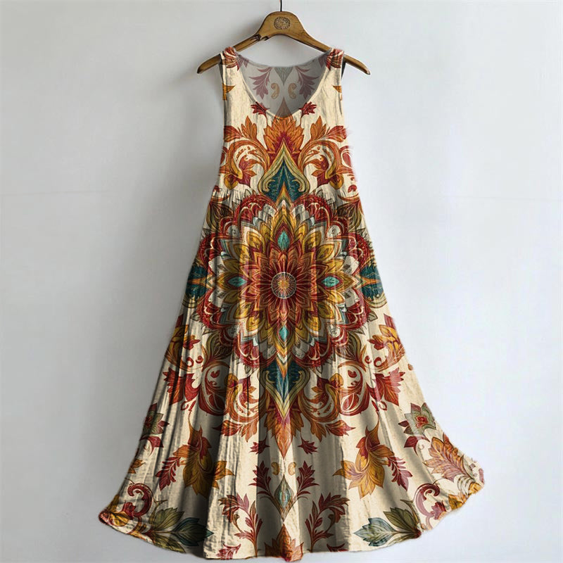 Women's Retro Ethnic Totem Floral Art Print Crew Neck Sleeveless Cotto