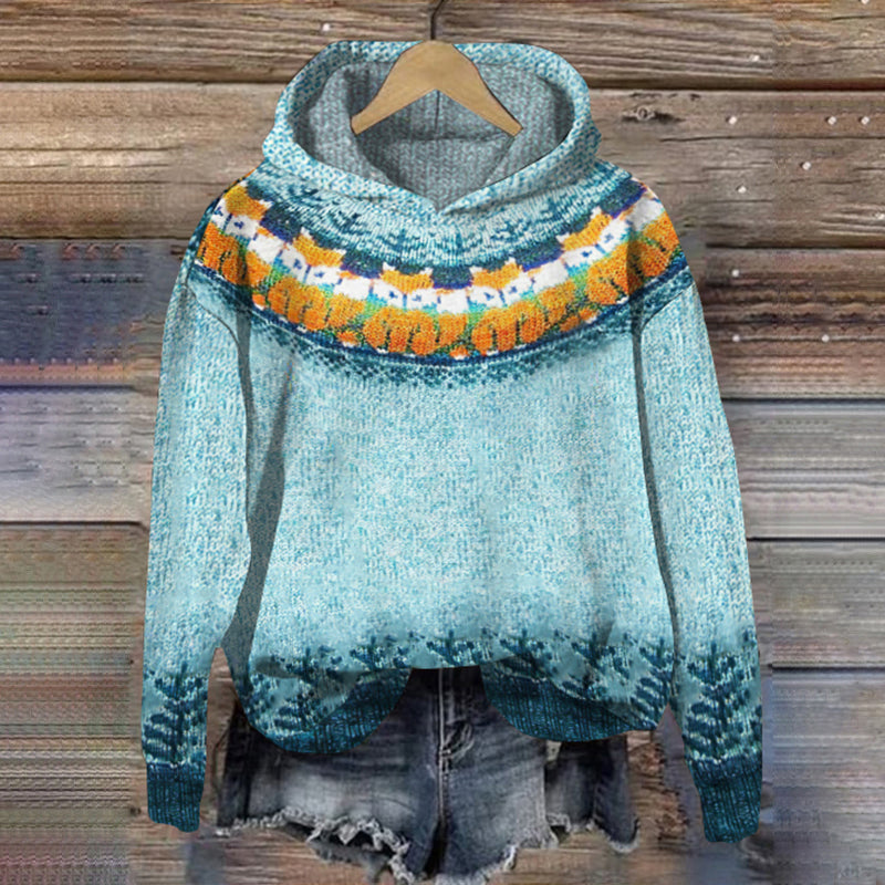 Vintage Fox Contrast Jacquard Hooded Sweater artswardrobe