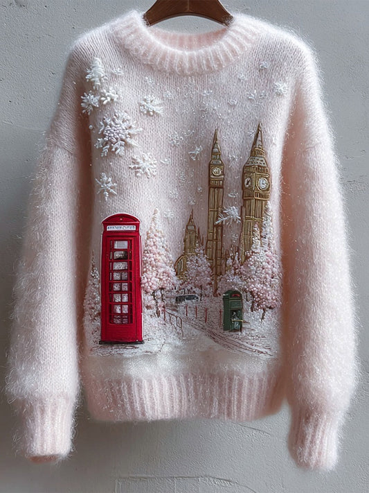 Classy Christmas Snowy London Embroidered Cozy Sweater artswardrobe
