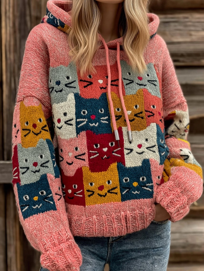 Women's Colorful Cats Pattern Art Cozy Knit Hooded Sweater artswardrobe