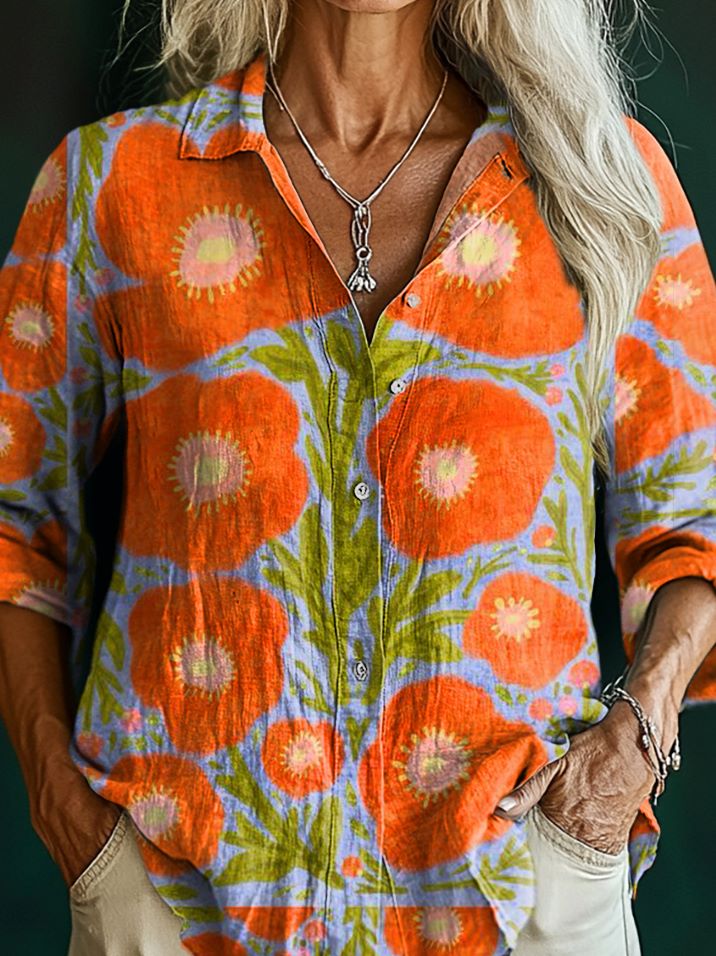 Women's Floral Pattern Art Print Casual Cotton Shirt