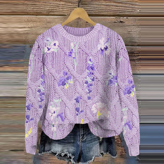 Vintage Purple Floral Art Pattern Cozy Sweater elevenforest