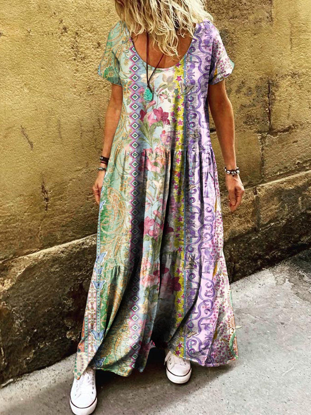 Women's Vintage Floral Art Print Pocket Short Sleeve Cotton Dress