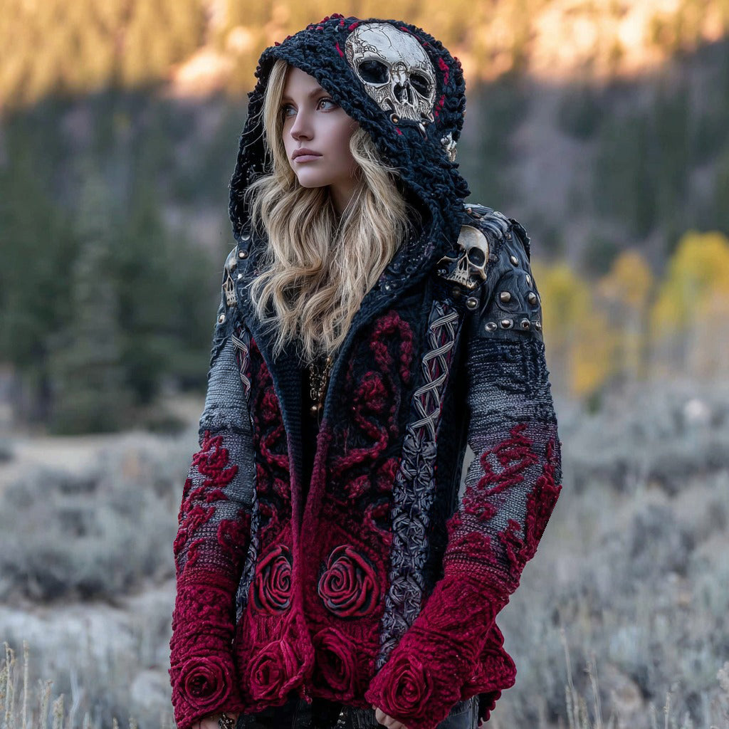 Women's Tribal Floral Skull Celtic Art Chunky Knit Hooded Sweater Cardigan elevenforest