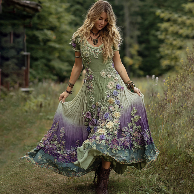 Classy Gradient Purple Lavender And Floral Embroidered Linen Maxi Dress artswardrobe