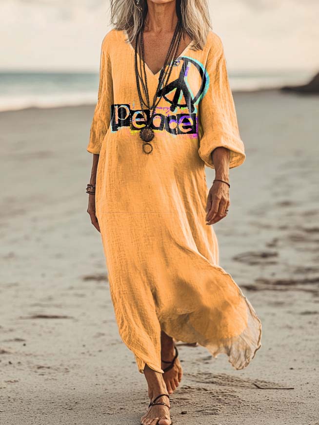 Women's Love Peace Hippy Pattern Art Print Pocket Cotton Dresses