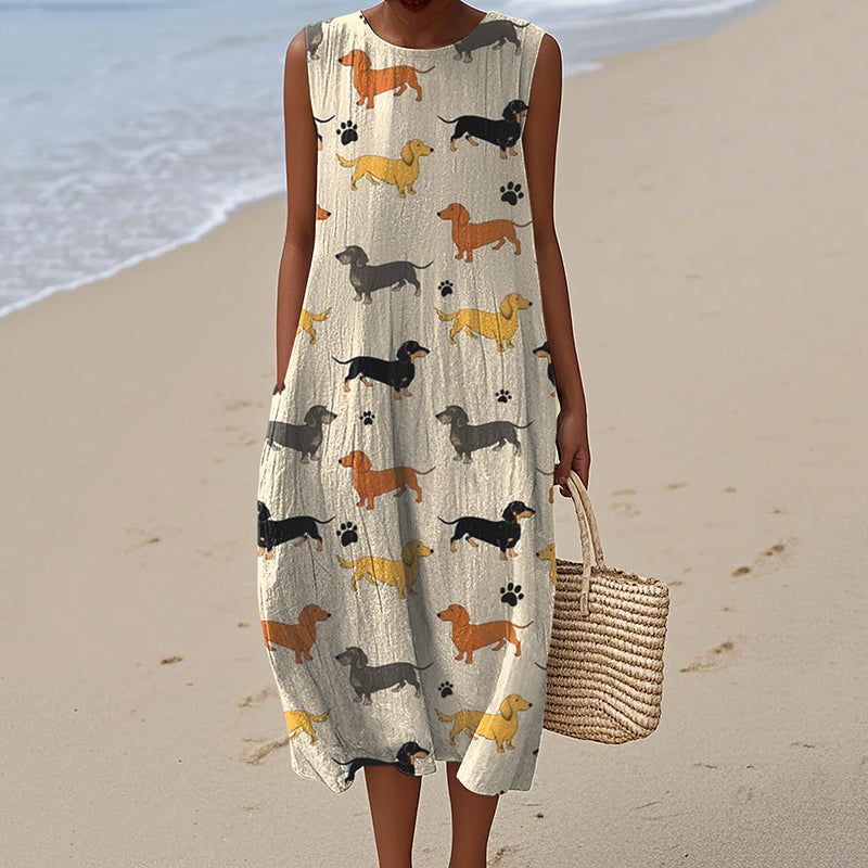 Women's Vintage Dachshund Dog Art Print Linen Tank Midi Dress artswardrobe