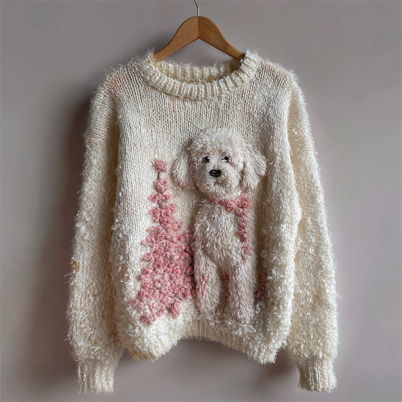 Lovely Fuzzy Dog & Pink Christmas Tree Cozy Fuzzy Sweater artswardrobe