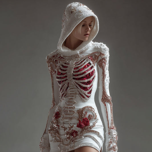 Comstylish Women's Skeleton Roses Bandages Art Knit Hooded Mini Sweater Dress