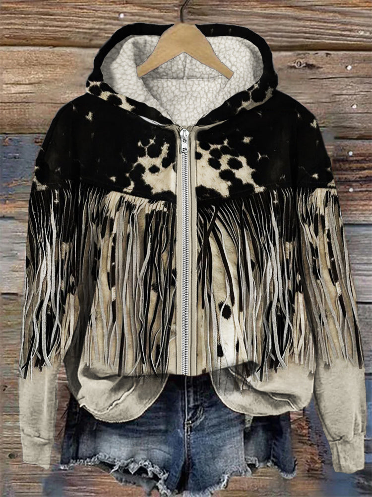 Comstylish Western Cowhide Tassels Cozy Full Zip Hoodie