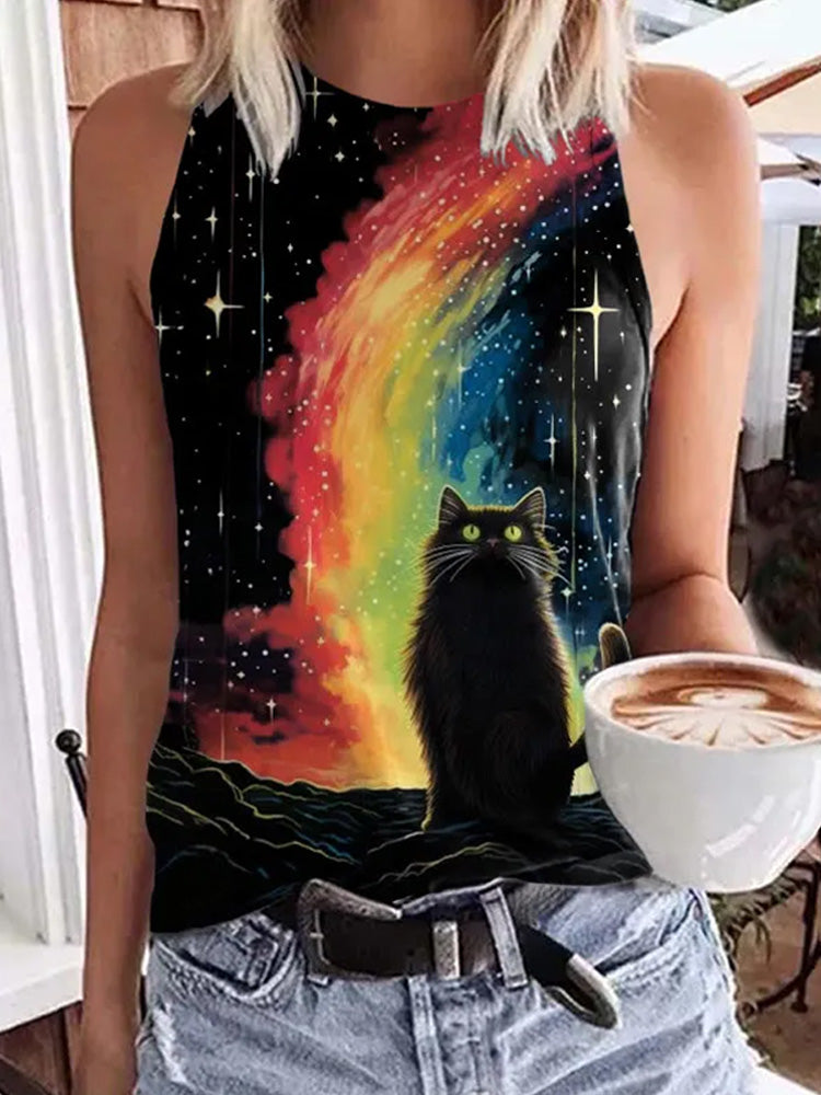 Women's Black Cat Under Rainbow And Stars Print Tank Top elevenforest