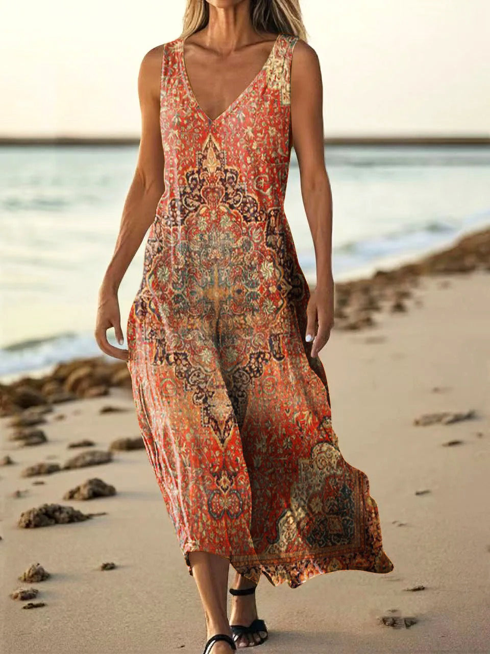 Women's Retro Ethnic Totem Art Pattern Print V-neck Sleeveless Pocket