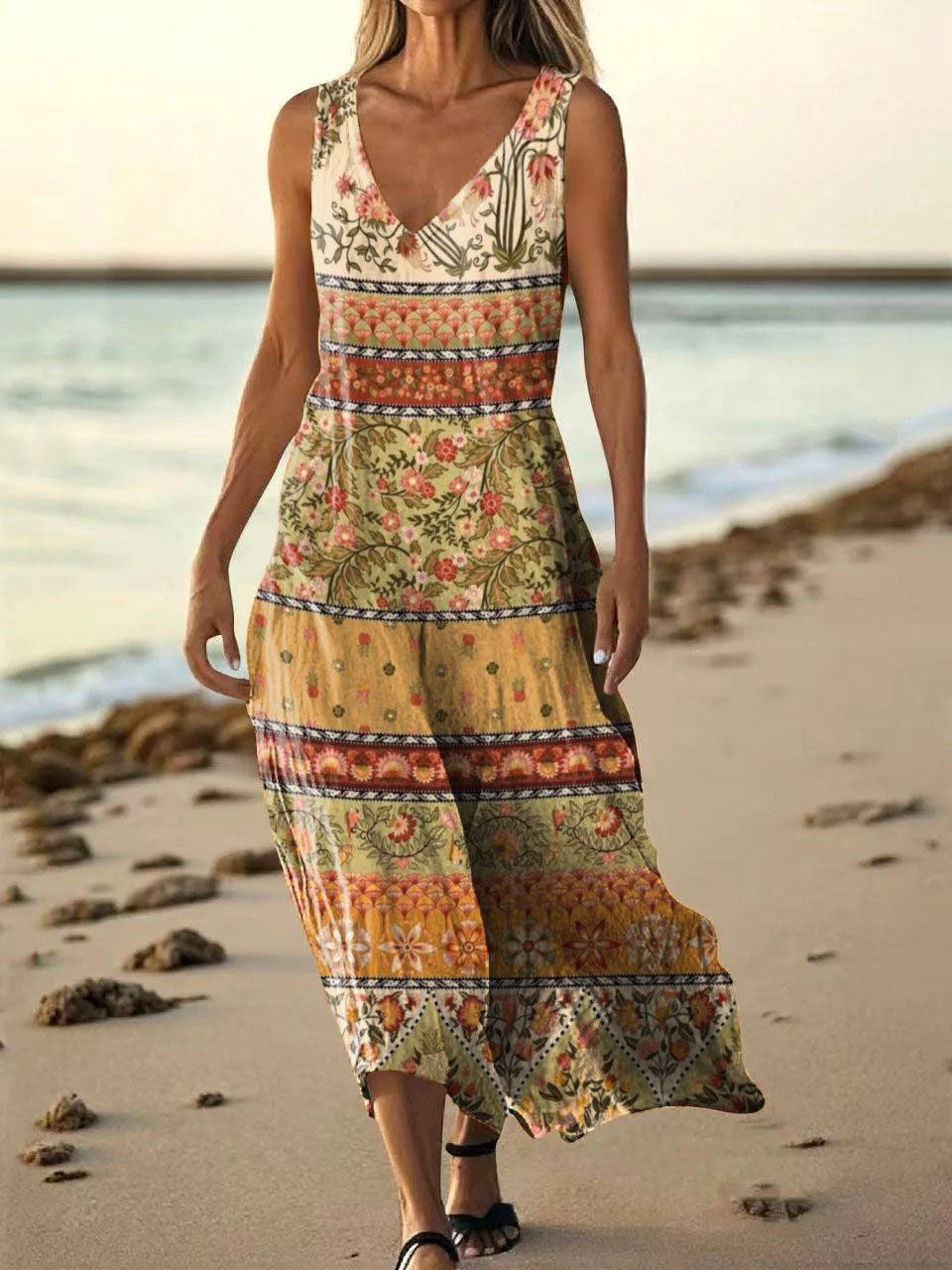 Women's Folk Floral Collage Art Print V-neck Sleeveless Pocket Cotton