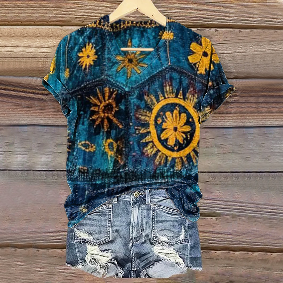 Women's Vintage Bohemian Floral Art Print V-neck Casual T-Shirt