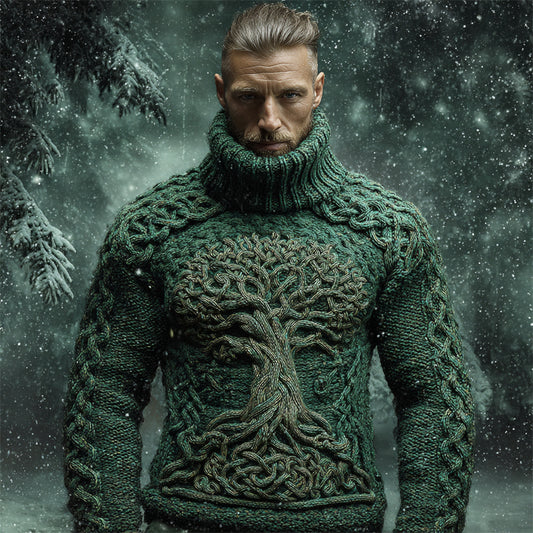 Viking Tree Of Life Men's Chunky Knit Turtleneck Sweater elevenforest