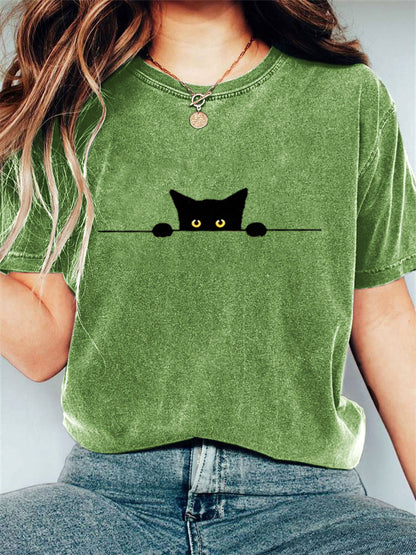 Comstylish Women's Casual Funny Black Cat Print T-shirt