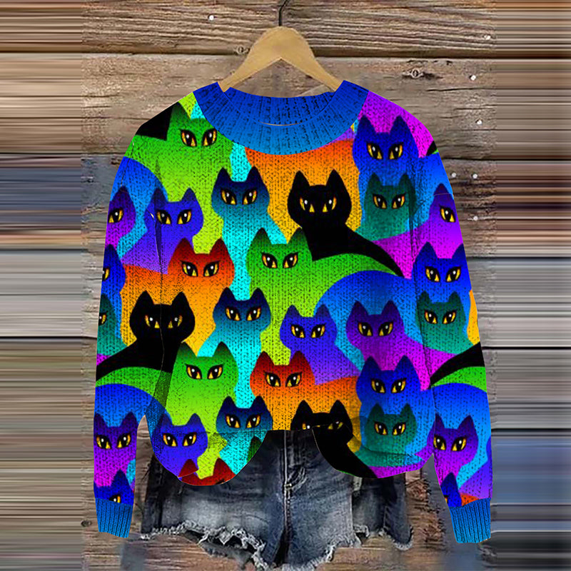 Rainbow Cats World Embroidery Pattern Cozy Knit Sweater elevenforest