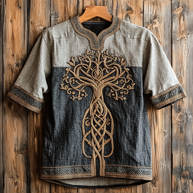 Men's Vintage Viking Tree Of Life Celtic Linen Shirt artswardrobe