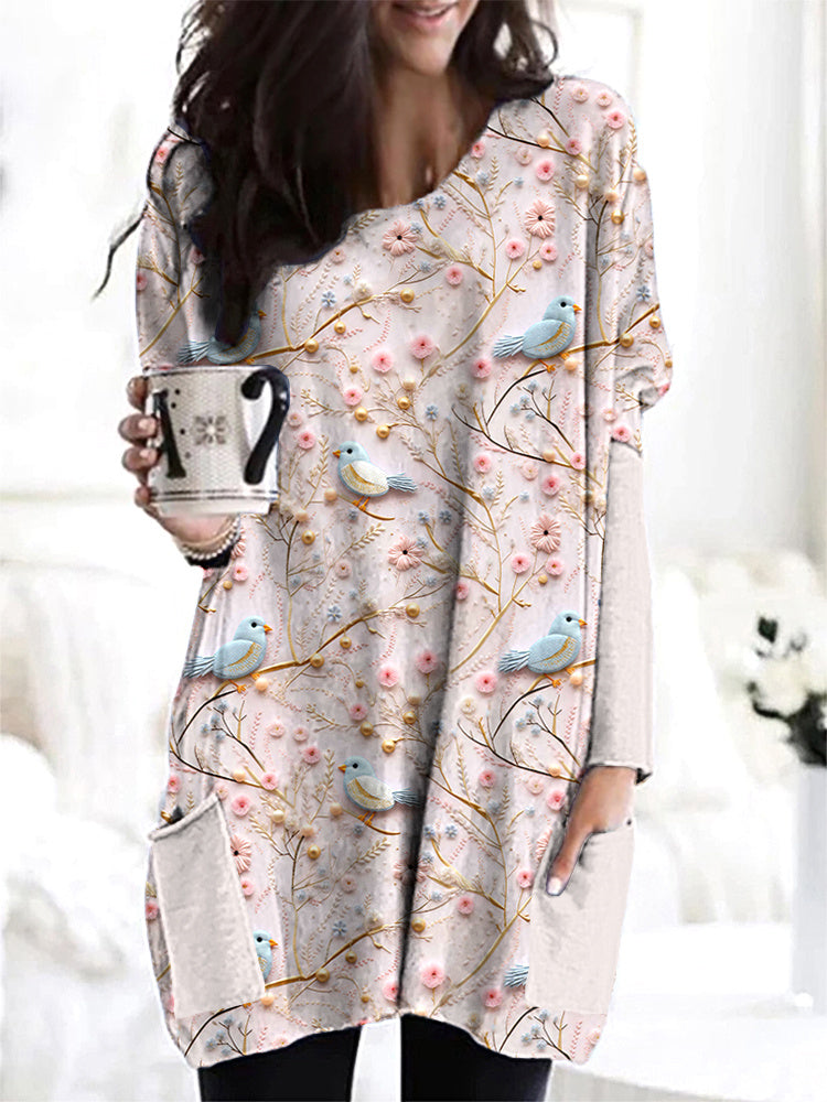 Birds & Flowers Embroidery Art Casual Cozy Long T-Shirt artswardrobe
