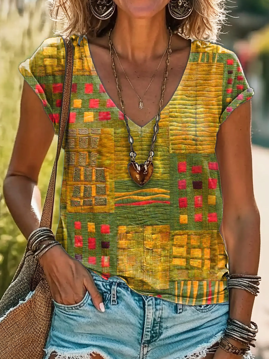 Vintage Bohemian Floral Art Print 100%Cotton V-neck T-Shirt