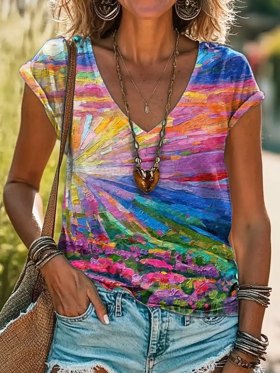 Vintage Floral Art Print 100%Cotton V-neck T-Shirt