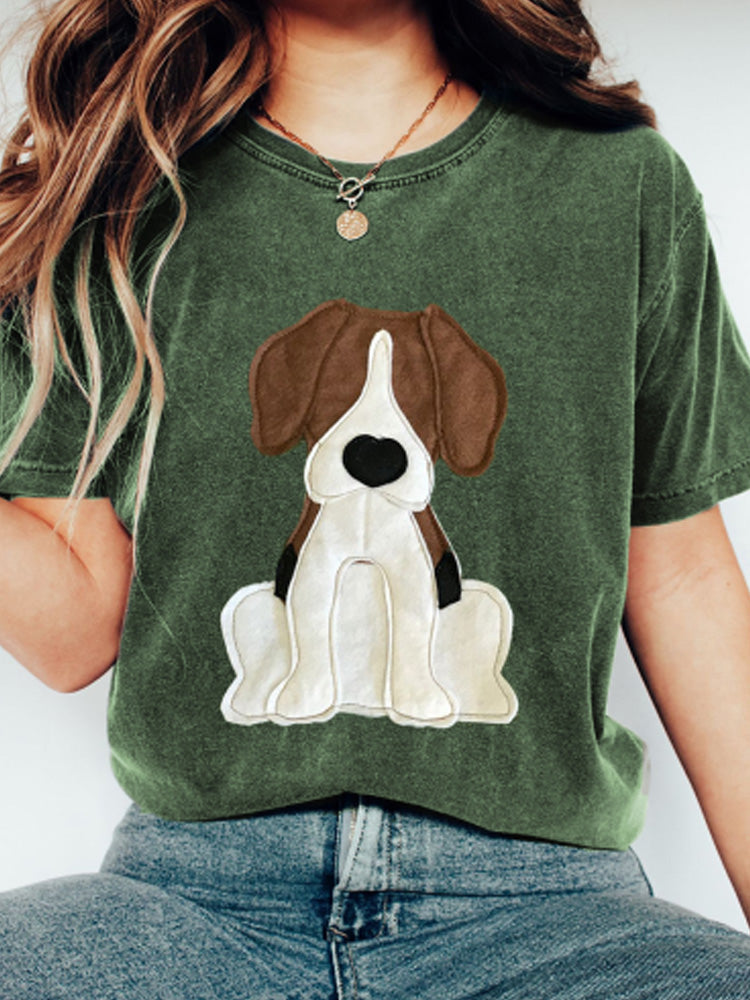 Women's Retro Funny Denim Patch Animal Dog Print Casual Shirt