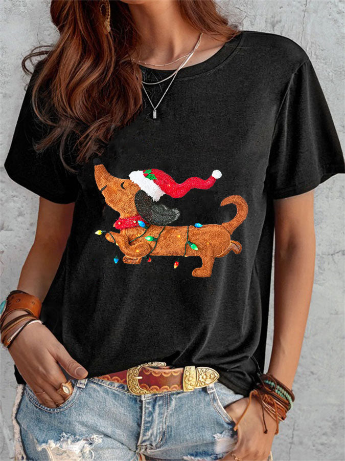 Comstylish Women's Merry Christmas Cute Dog Print T-Shirt