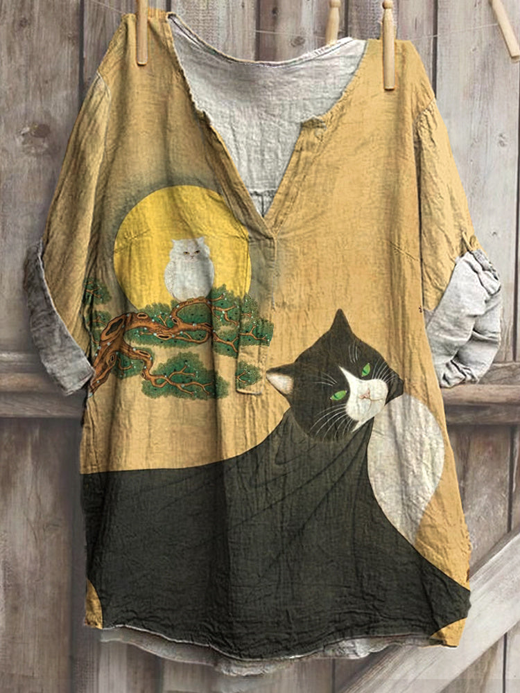 Comstylish Japanese Art Cat Print Cotton Blend Shirt