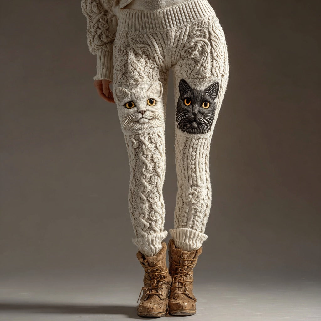 Comstylish Women's Cute Cat Knitted Warm Knitted Leggings