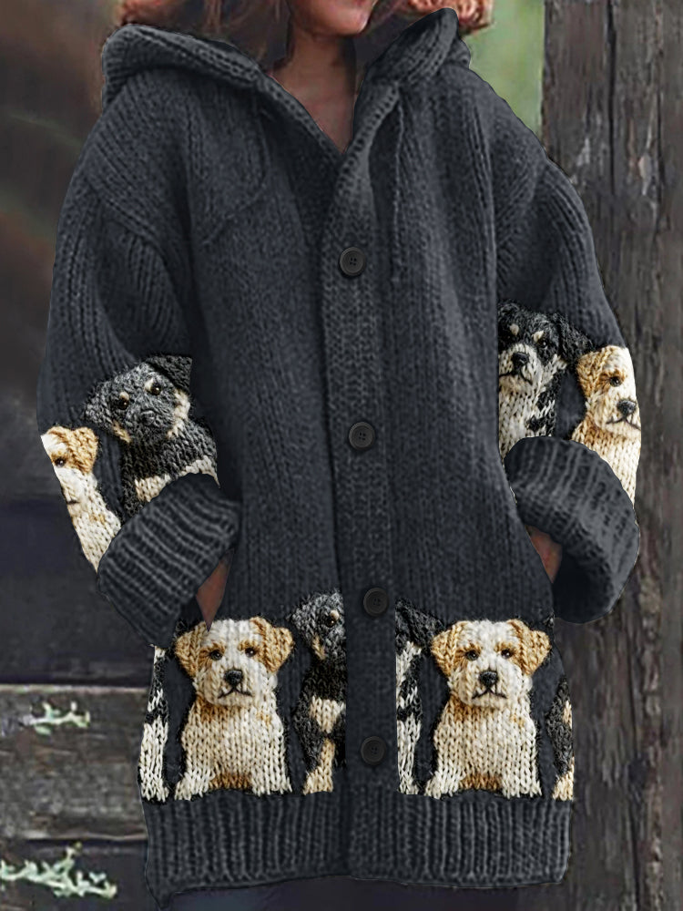 Comstylish Vintage Cute Dogs Art Print Cozy Button Sweater