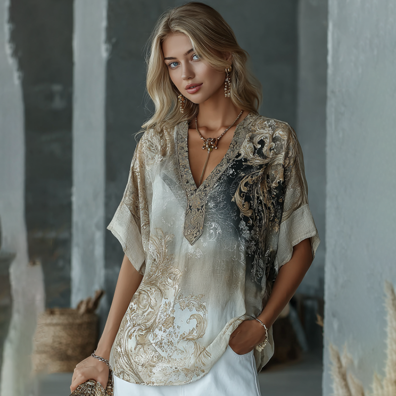 Vintage Marble Texture Collection Bohemia Women Style Gradient Black Gilded Pattern Linen V Neck T-shirt artswardrobe