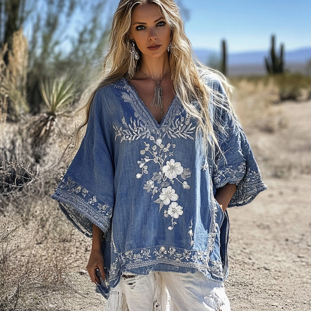 Comstylish Vintage Bohemian Floral Embroidered Denim Shirt