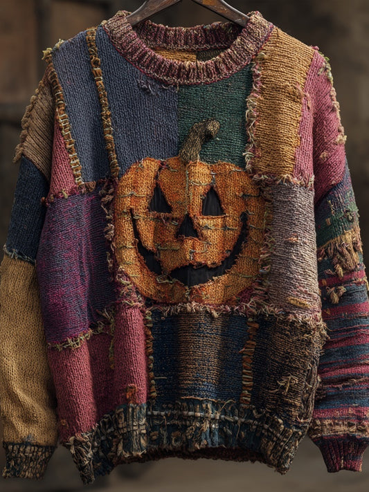Vintage Spooky Pumpkin Face Embroidered Patchwork Knitted Sweater elevenforest
