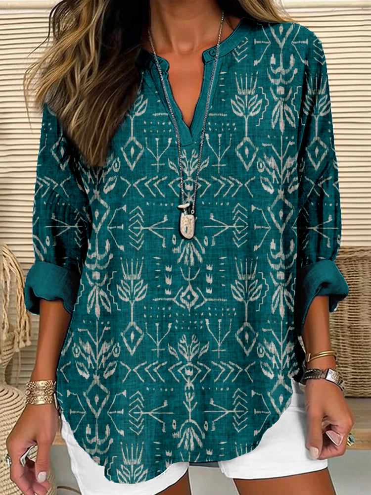 Comstylish Vintage Verdure Ikat Pattern Linen Blend Cozy Tunic