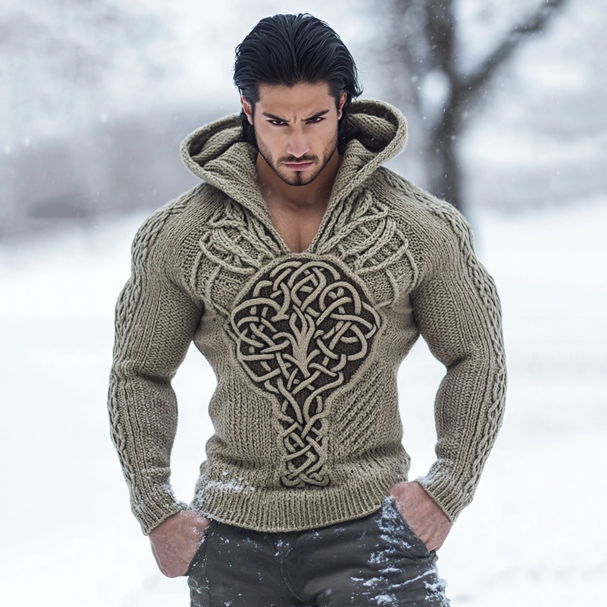 Irish Celtic  Tree Of Life  Jacquard Cozy Knit Hooded Sweater elevenforest