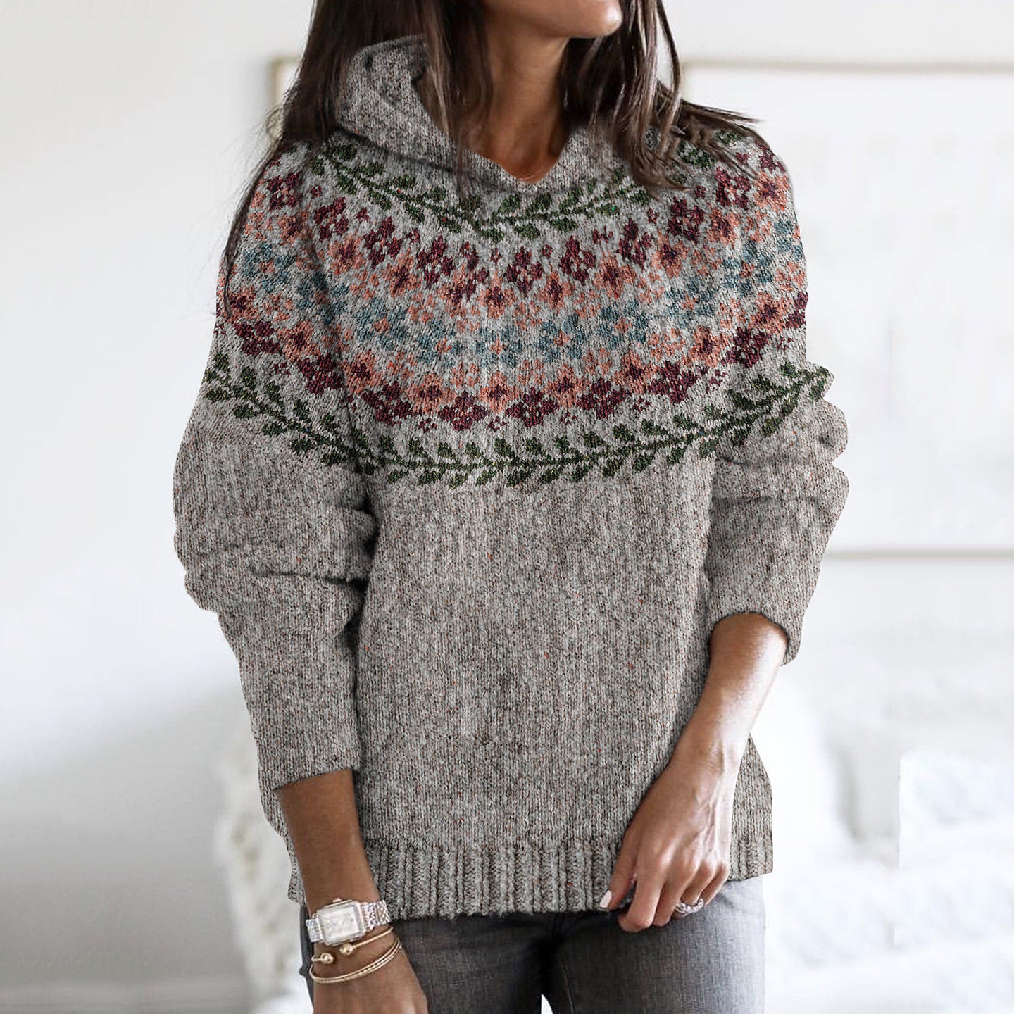 Vintage Contrast Floral Iceland Jacquard Cozy Hoodie Sweater elevenforest