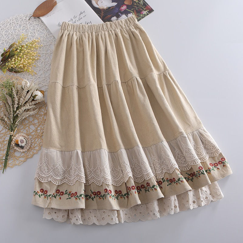 Retro Corduroy Lace Patchwork Skirt