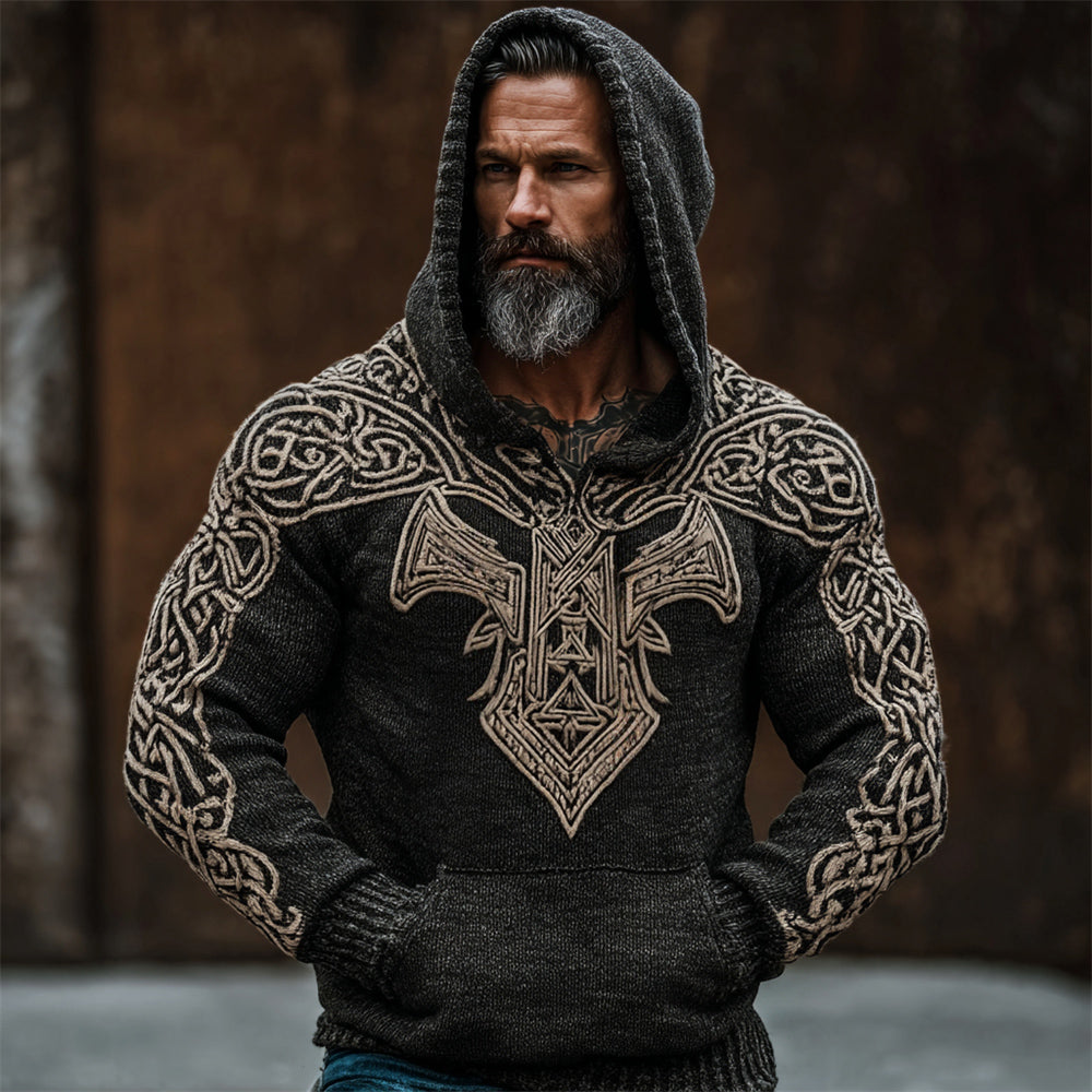 Viking Thor's Hammer & Celtic Knot Men's Hooded Knit Sweater artswardrobe