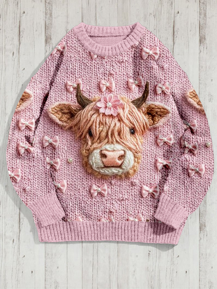 Lovely Highland Cow Coquette Bow Knitted Cozy Sweater artswardrobe