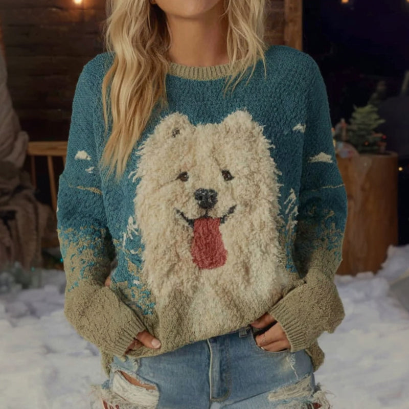 Comstylish Fuzzy Gradient Samoyed Dog Felt Cozy Knit Sweater