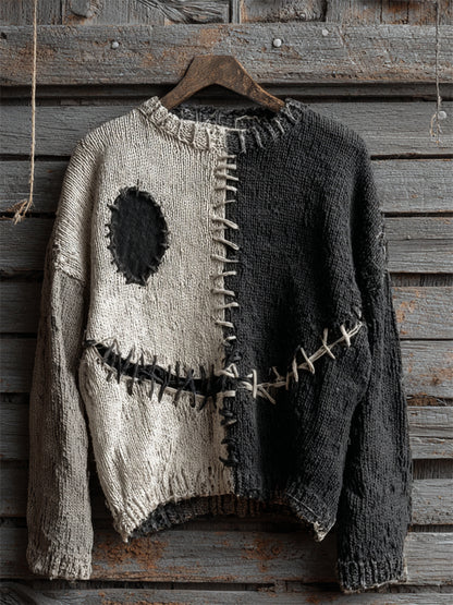 Halloween Spooky Face Contrast Stitched Cozy Knit Sweater elevenforest
